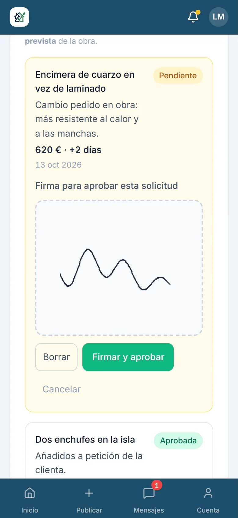 Aprobación de un cambio de encimera, 620 € y dos días más, firmada con el dedo