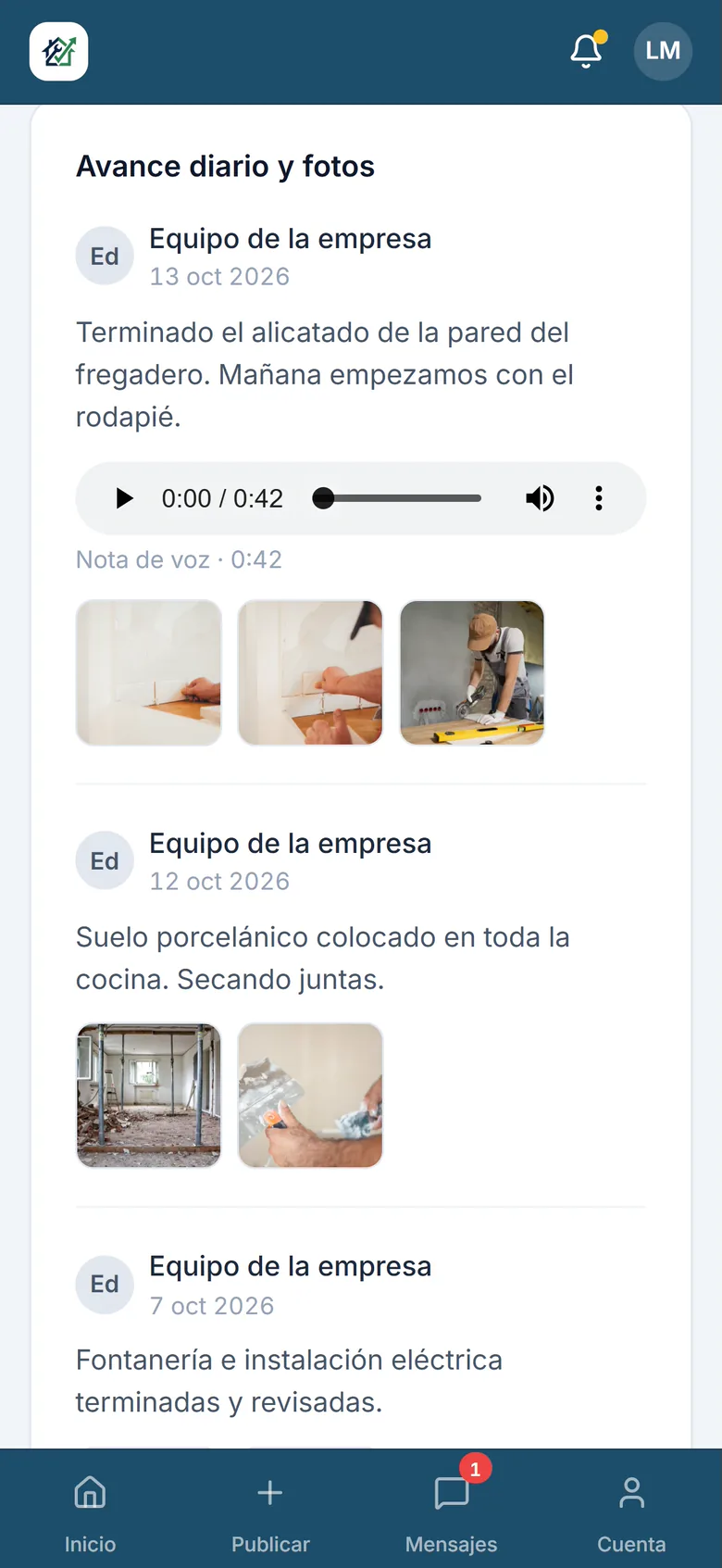 Parte diario de la obra con nota de voz y fotos del alicatado