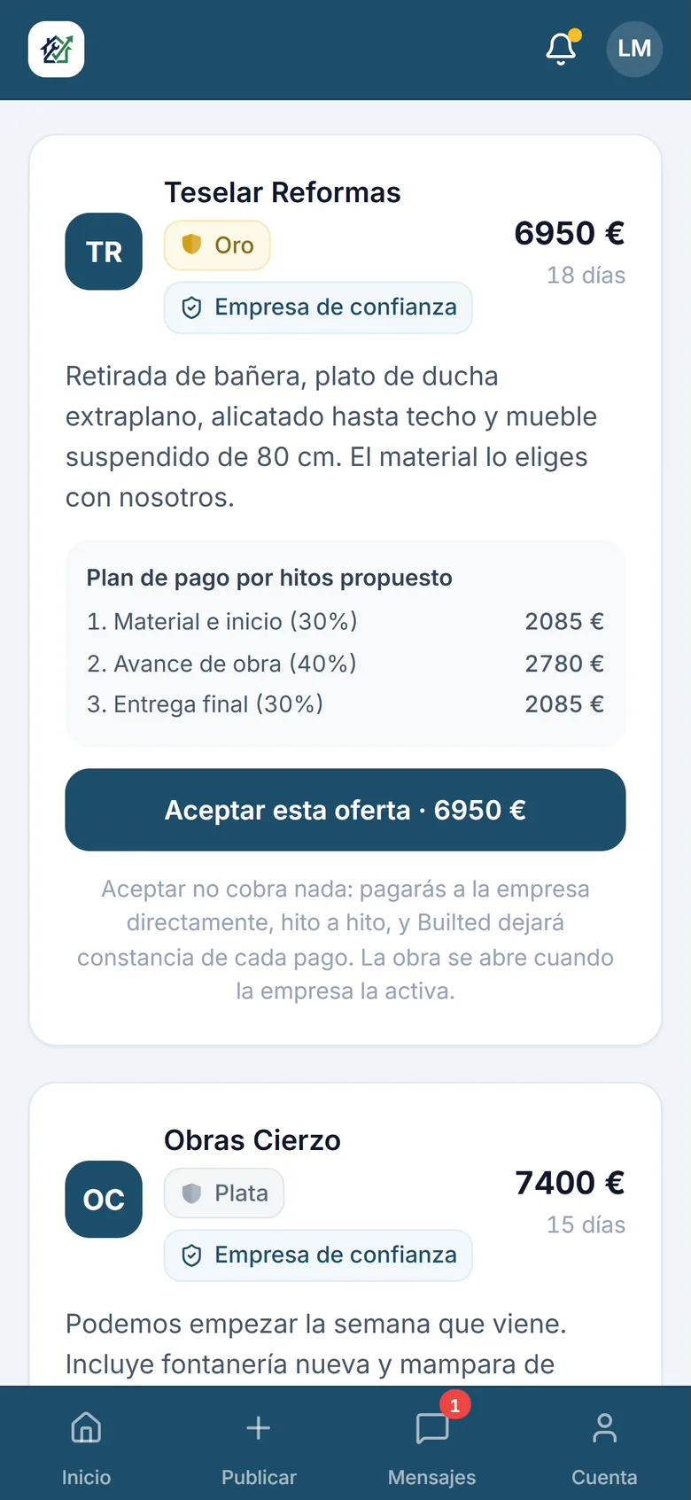 Ofertas recibidas para una reforma de baño, con el nivel y el sello de cada empresa