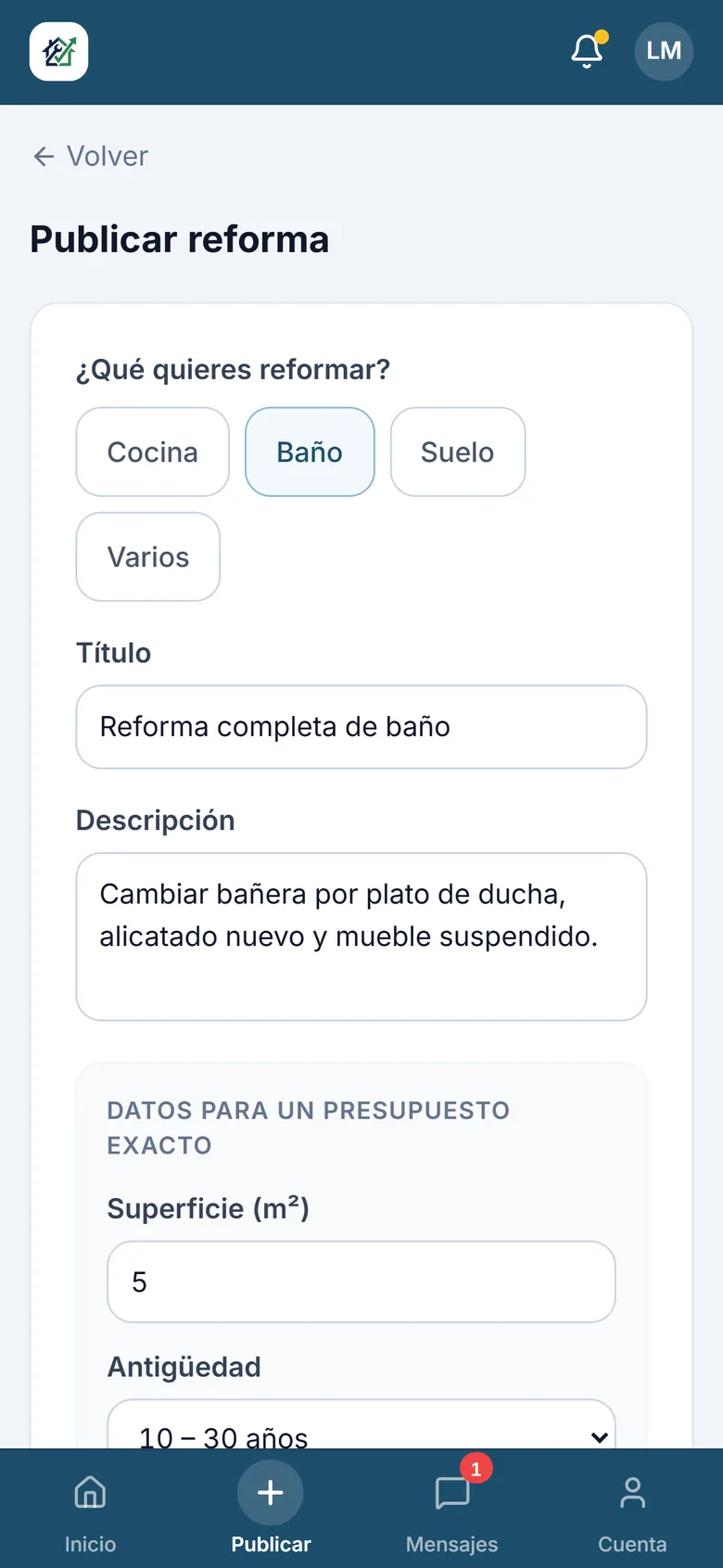 Formulario para publicar una reforma: tipo de reforma, título, descripción y metros