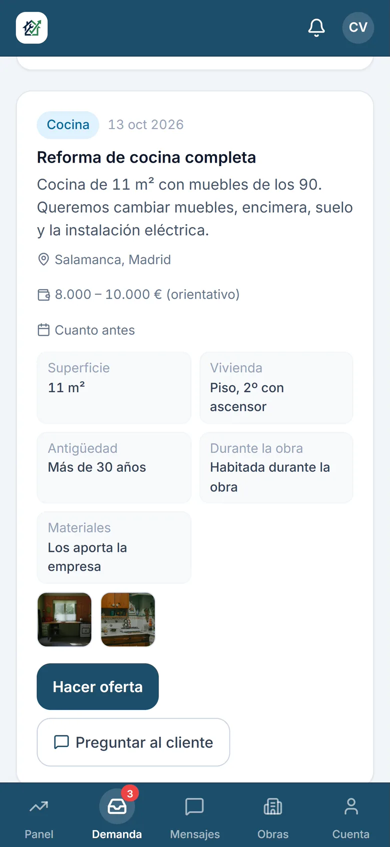 Feed de demanda de la empresa: solicitud de reforma de cocina con fotos y botón para hacer oferta