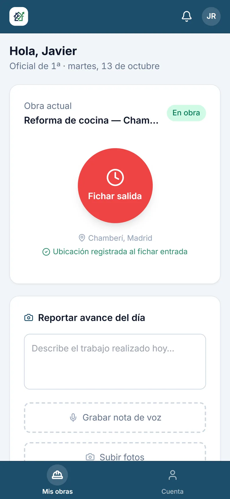 App del operario: entrada fichada en la obra con la ubicación registrada